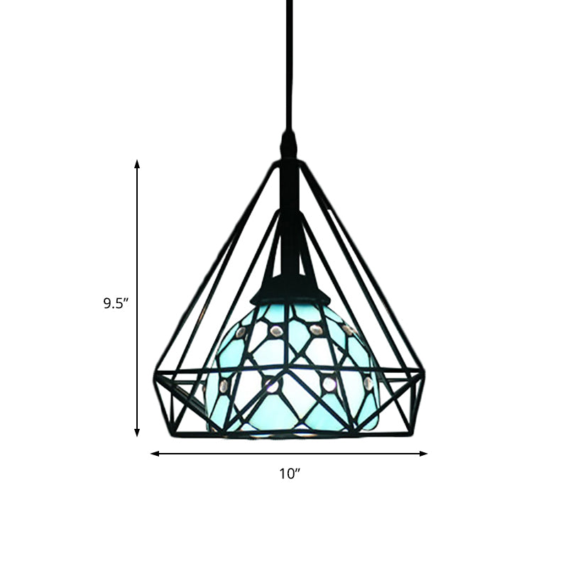 Suspension Diamond Cage avec abat-jour en forme de dôme bleu/blanc de style Tiffany