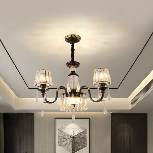 Modern Cone Crystal Chandelier Light with Down Lighting Pendant - 3/6-Head Black Design featuring Droplet Detail