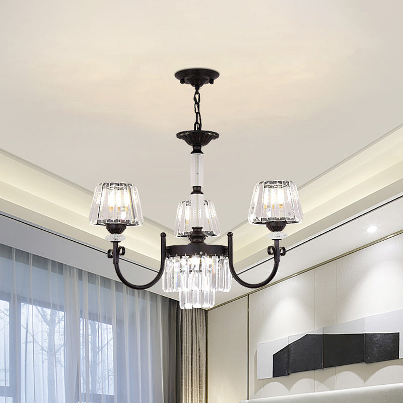 Lustre à prismes coniques en cristal noir moderniste avec bras incurvé - Suspension à 3/6 têtes