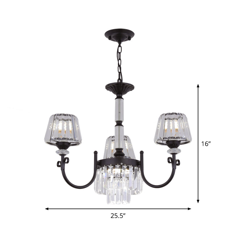 Lustre à prismes coniques en cristal noir moderniste avec bras incurvé - Suspension à 3/6 têtes