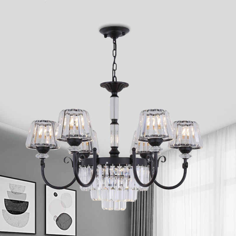 Lustre à prismes coniques en cristal noir moderniste avec bras incurvé - Suspension à 3/6 têtes