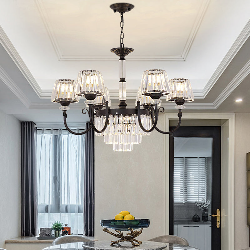 Lustre à prismes coniques en cristal noir moderniste avec bras incurvé - Suspension à 3/6 têtes