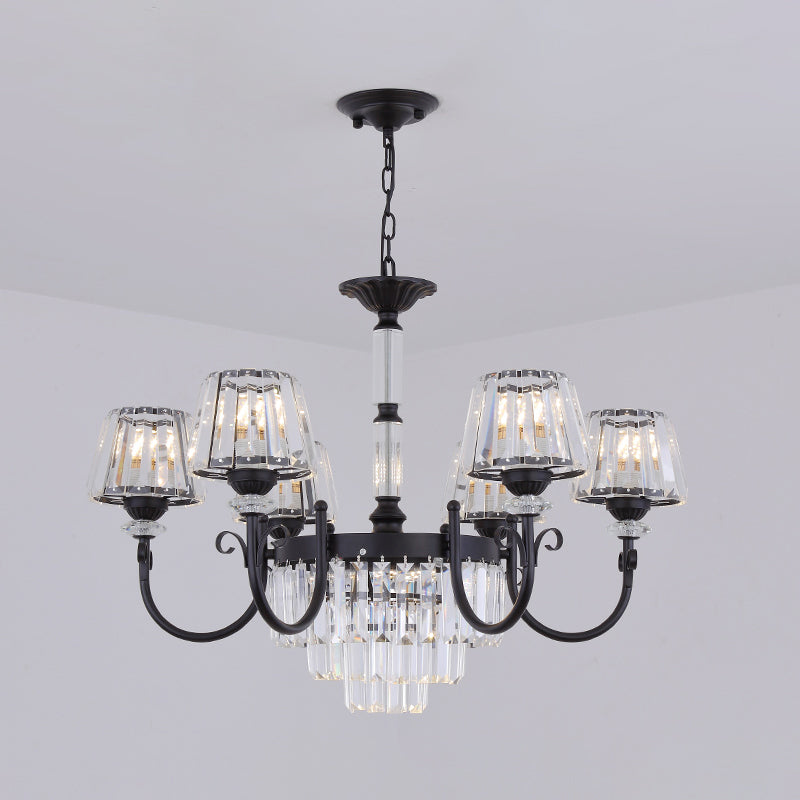 Lustre à prismes coniques en cristal noir moderniste avec bras incurvé - Suspension à 3/6 têtes