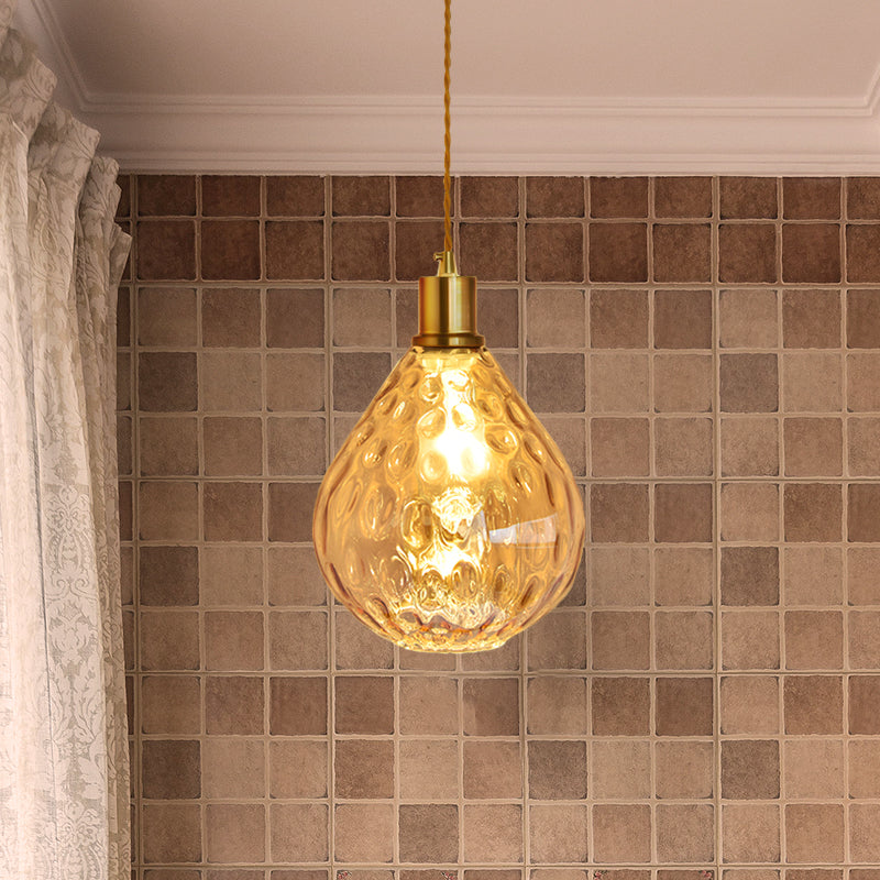 Modernist Lattice Glass Teardrop Pendant Light With Amber/Smoky Bulb Hangs Elegantly Amber