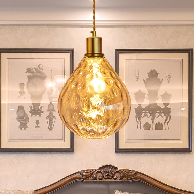 Modernist Lattice Glass Teardrop Pendant Light With Amber/Smoky Bulb Hangs Elegantly