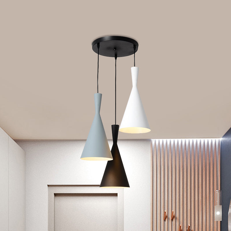 Contemporary Flared Metallic Pendant Light - 3-Head Black Hanging Lamp with Round/Rectangle Canopy