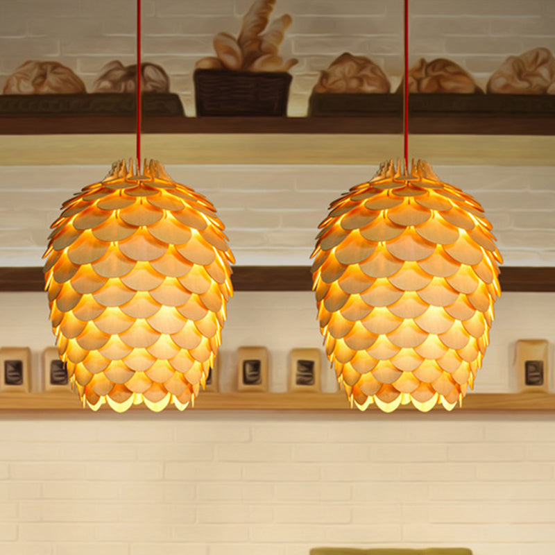 Suspension rustique en forme de pomme de pin en bois - Charme campagnard - Diamètre 12"/15" - Suspension beige à 1 ampoule pour salle à manger