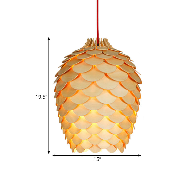 Suspension rustique en forme de pomme de pin en bois - Charme campagnard - Diamètre 12"/15" - Suspension beige à 1 ampoule pour salle à manger