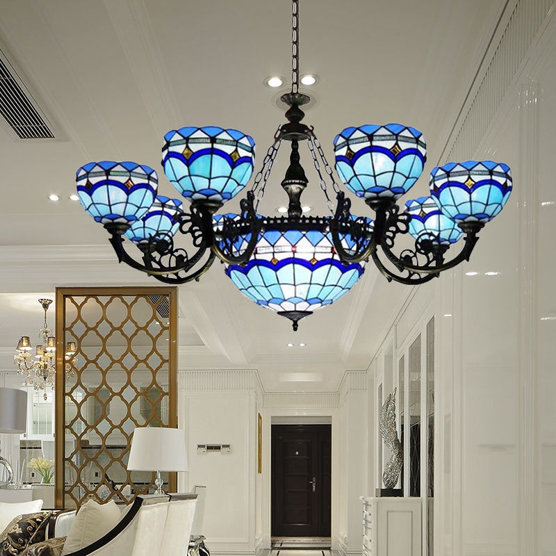 Lustre baroque en vitrail avec décoration en pierres précieuses - Luminaire suspendu élégant pour le salon