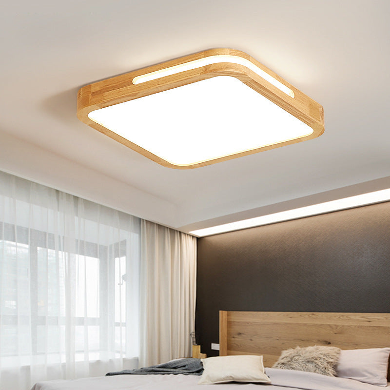 Japanese Style Wood and Acrylic LED Square Flush Ceiling Lamp in Beige - 16"/19.5" Wide