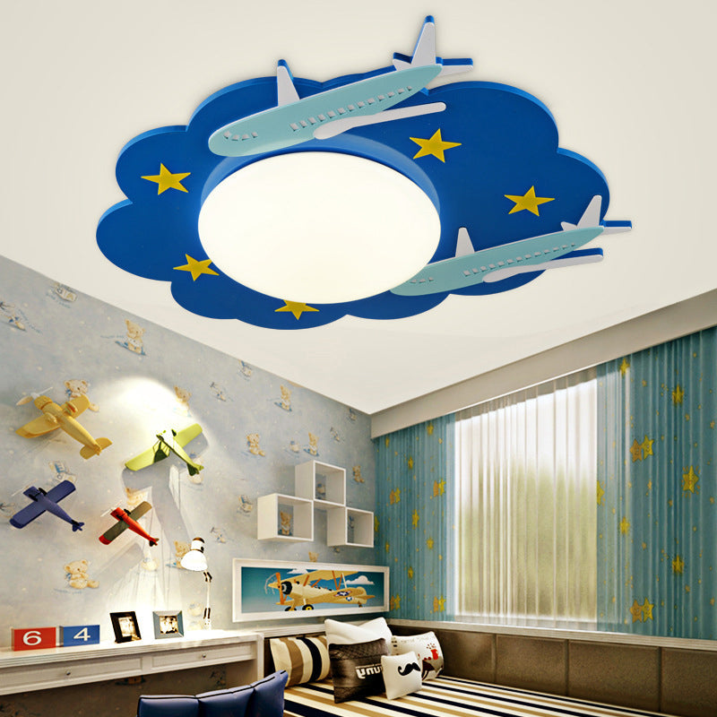 Wooden Blue Kids Spaceship Ceiling Lamp for Kindergarten