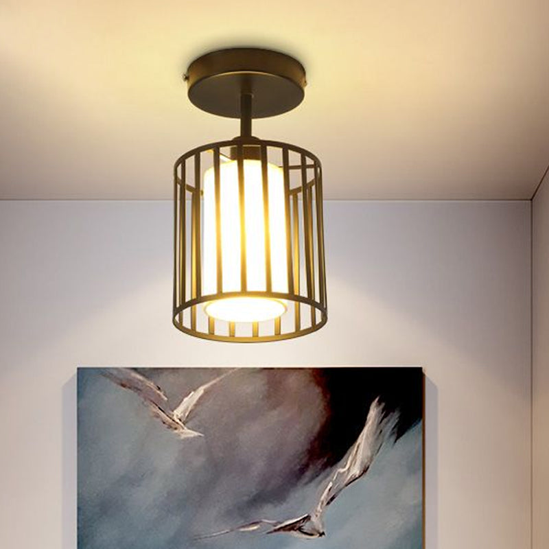 Black Metal Cage Ceiling Flush Mount Lamp with Conical/Cylindrical Shade - Simple Semi-Flushmount Design with 1 Bulb