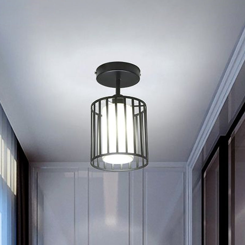 Black Metal Cage Ceiling Flush Mount Lamp with Conical/Cylindrical Shade - Simple Semi-Flushmount Design with 1 Bulb