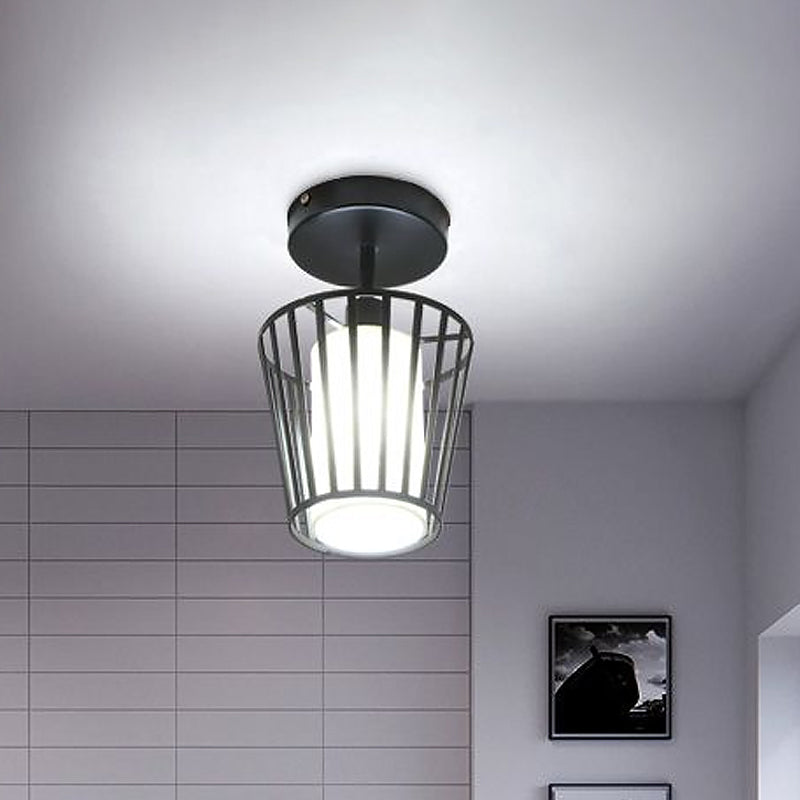 Black Metal Cage Ceiling Flush Mount Lamp with Conical/Cylindrical Shade - Simple Semi-Flushmount Design with 1 Bulb