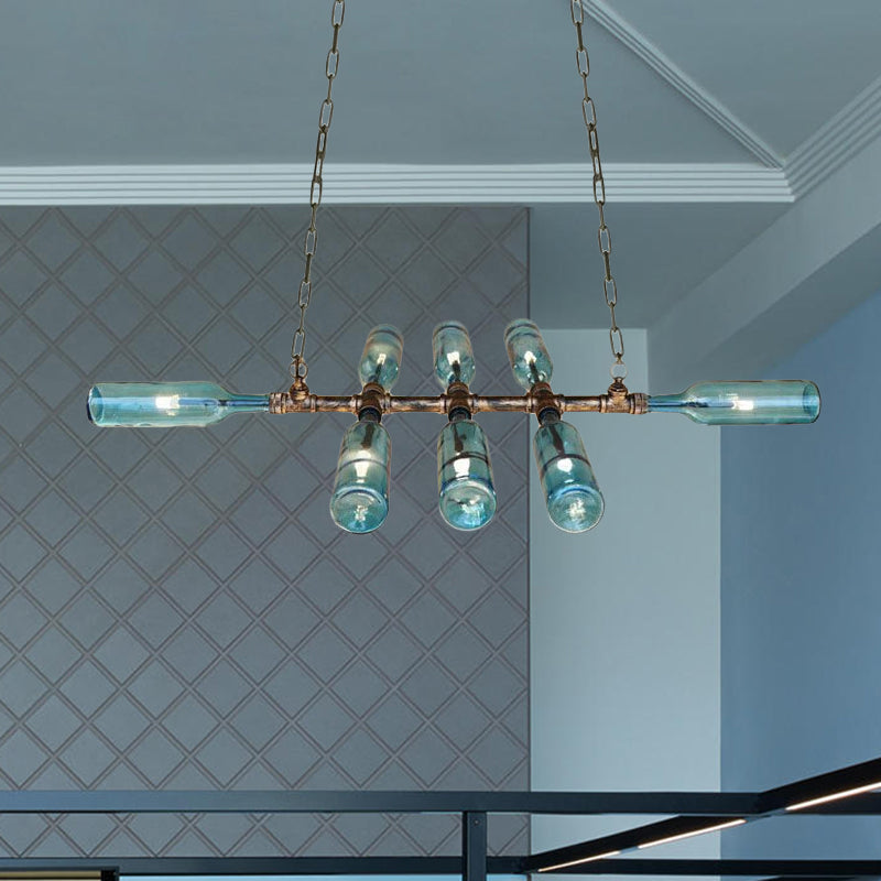 Lustre en forme de bouteille en verre de style vintage bleu/ambre avec tuyau - 8 têtes - Idéal pour les escaliers
