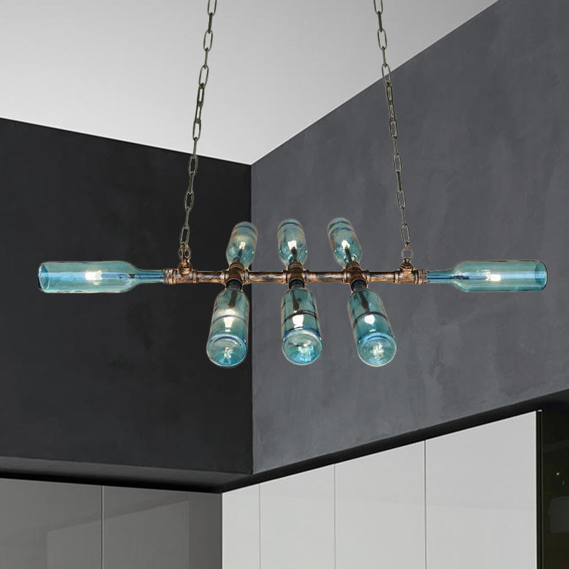 Lustre en forme de bouteille en verre de style vintage bleu/ambre avec tuyau - 8 têtes - Idéal pour les escaliers