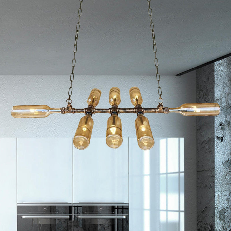 Lustre en forme de bouteille en verre de style vintage bleu/ambre avec tuyau - 8 têtes - Idéal pour les escaliers