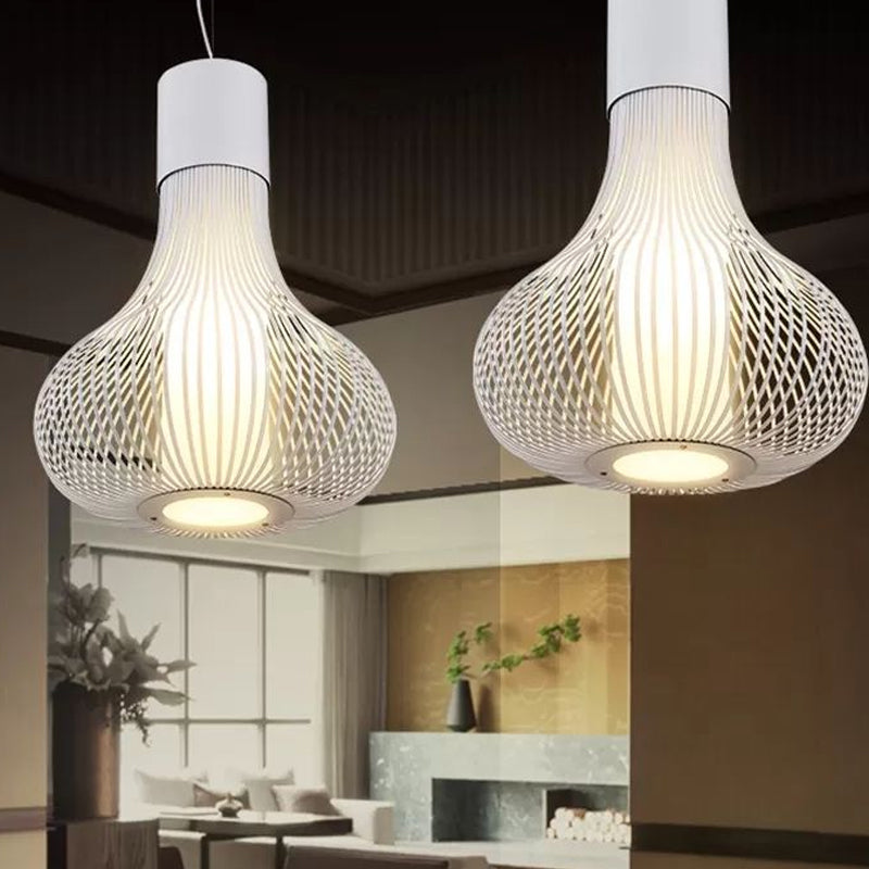 Contemporary Gourd Wire Cage Ceiling Pendant Light with Inner Cylinder Shade - 1 Light - Black/White Metal - Ideal for Dining Room