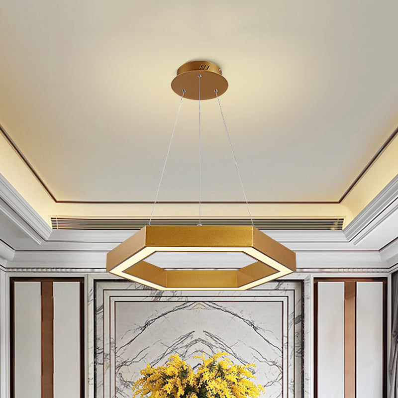 Modern Hexagon Metal Suspension Lamp - 16"/23.5"W LED Pendant Light - Gold Finish - Living Room Ceiling Hanging Fixture