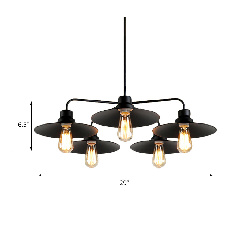 Lustre industriel rond noir - Style vintage, finition métallique, avec tige de suspension - 3/5 lumières