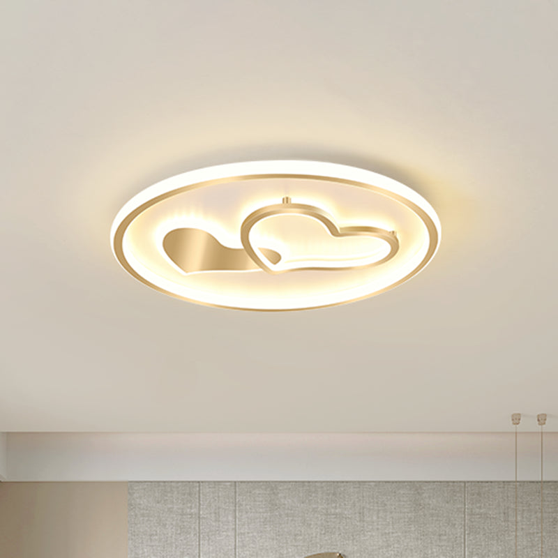 Modernist Metallic Flush Mount Light in Gold - Loving Heart Design - LED Ceiling Fixture for Sleeping Room - 16"/19.5" Wide