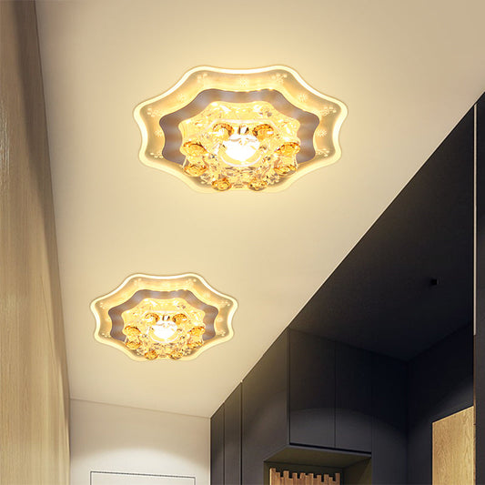 Modern LED Hallway Flush Mount Light with Chrome Ceiling Finish and Bloom Faceted Crystal Shade