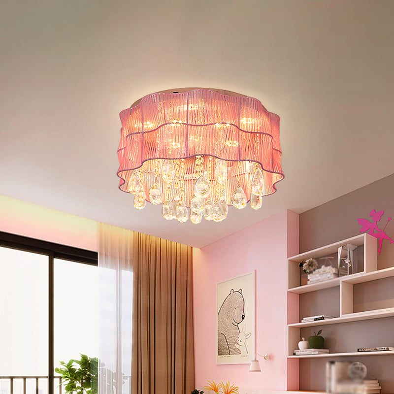 Plafonnier LED en forme de fleur avec brins de cristal en rose/bleu pour chambres minimalistes