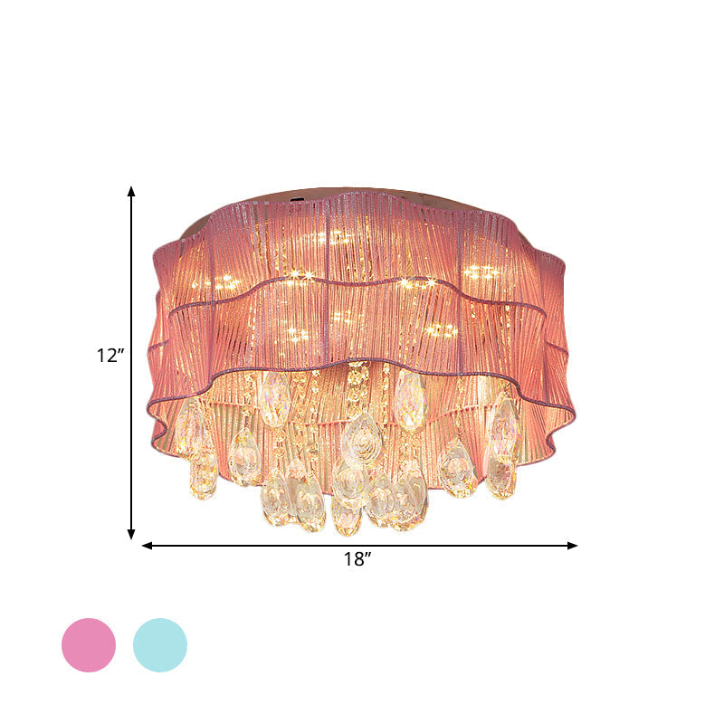 Plafonnier LED en forme de fleur avec brins de cristal en rose/bleu pour chambres minimalistes