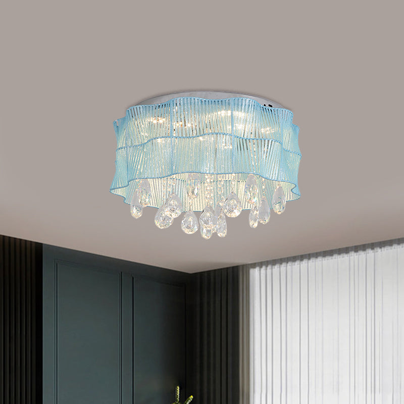 Plafonnier LED en forme de fleur avec brins de cristal en rose/bleu pour chambres minimalistes