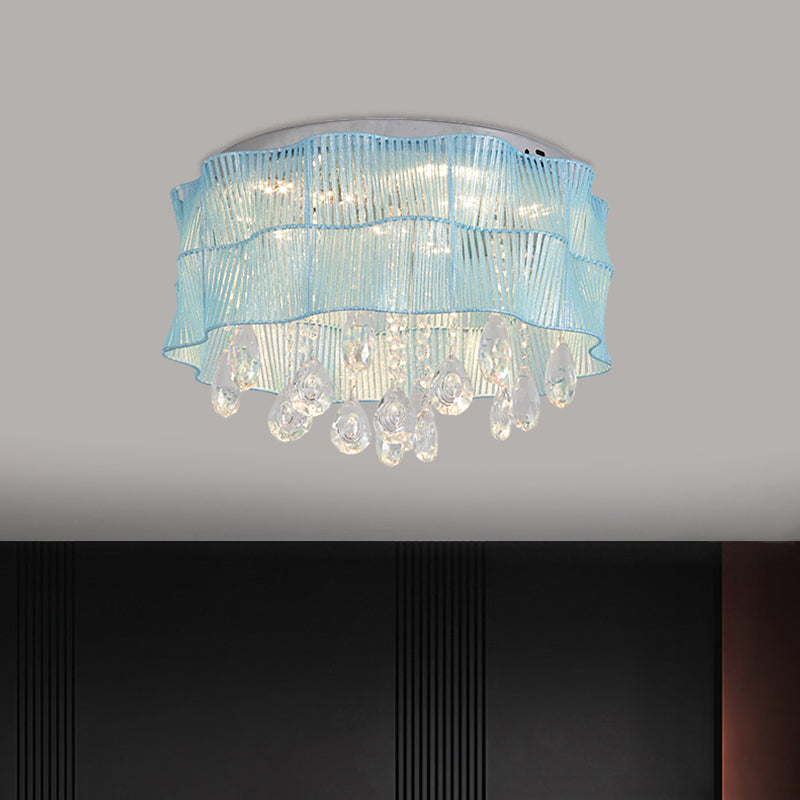 Plafonnier LED en forme de fleur avec brins de cristal en rose/bleu pour chambres minimalistes