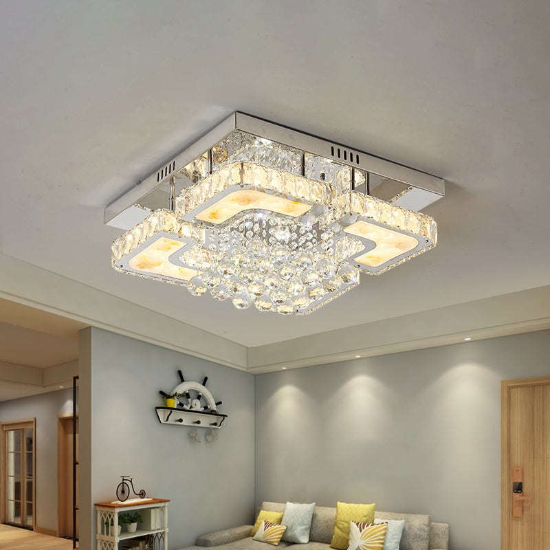 Contemporary LED Chrome Ceiling Fixture with Crystal Block & Orbs Square Semi Flush Design
