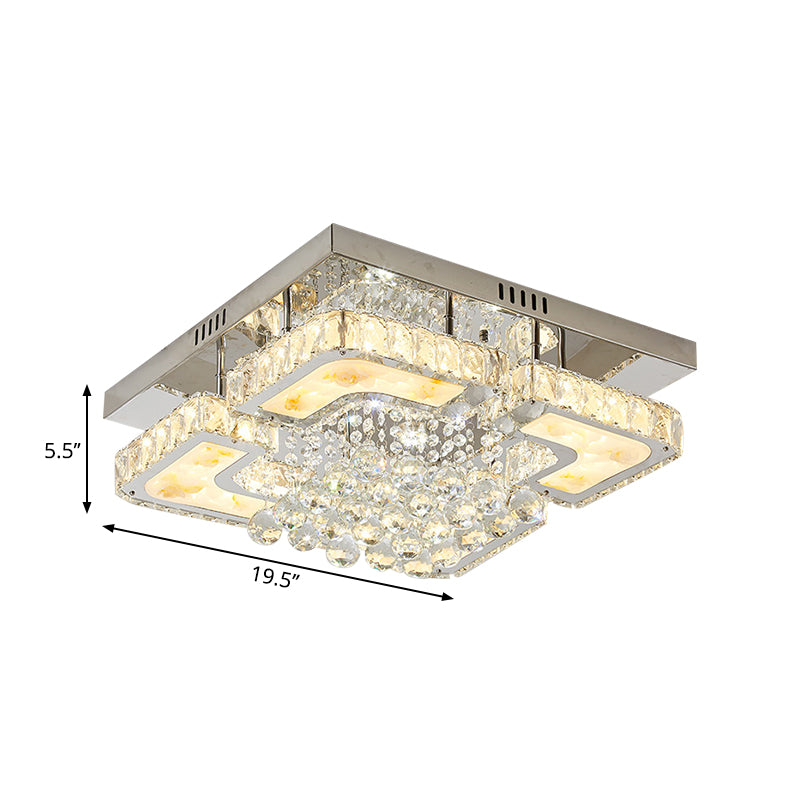 Contemporary LED Chrome Ceiling Fixture with Crystal Block & Orbs Square Semi Flush Design