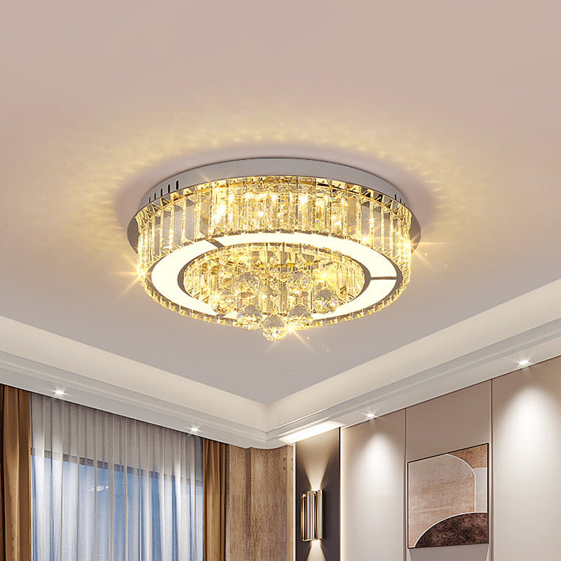 Modern Chrome LED Floral Ceiling Light with Faceted Crystal, 18-19.5" Width