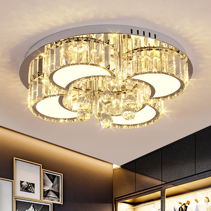 Modern Chrome LED Floral Ceiling Light with Faceted Crystal, 18-19.5" Width