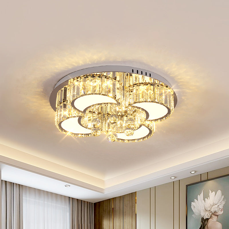 Modern Chrome LED Floral Ceiling Light with Faceted Crystal, 18-19.5" Width