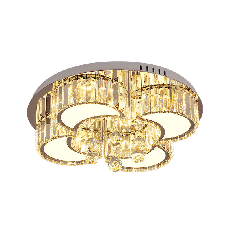 Modern Chrome LED Floral Ceiling Light with Faceted Crystal, 18-19.5" Width