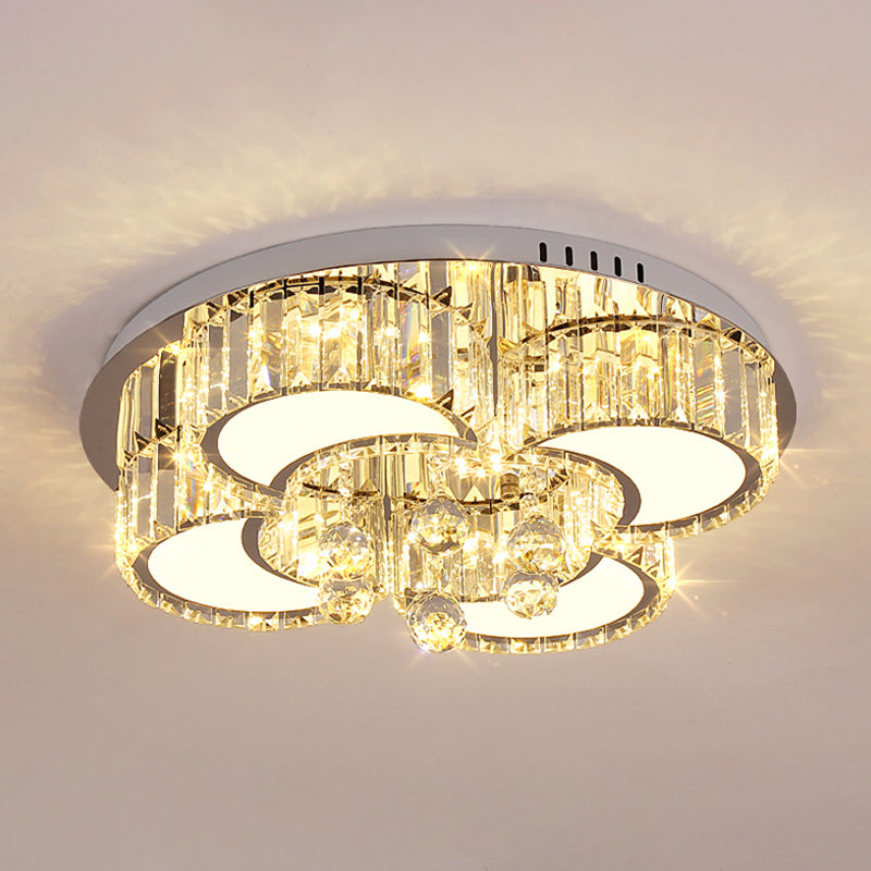Modern Chrome LED Floral Ceiling Light with Faceted Crystal, 18-19.5" Width