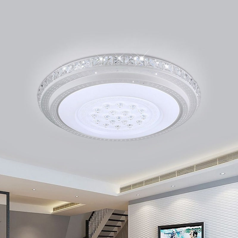 LED Flush Mount Chrome Circle Ceiling Lamp with Crystal Block Shade - Minimalist Design