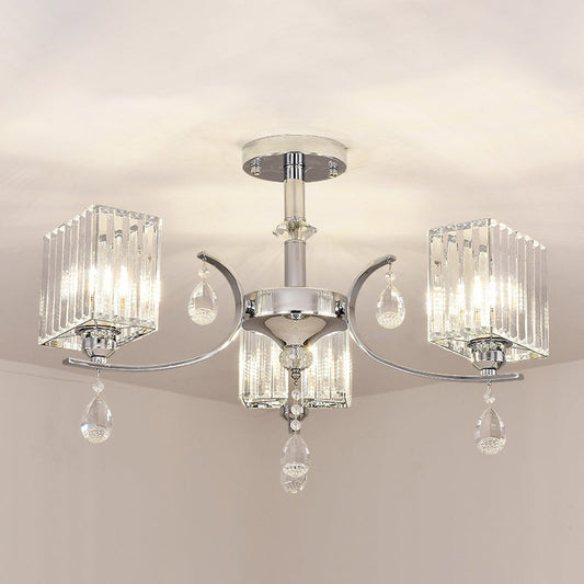 Sleek 3-Head Cuboid Crystal Prisms Ceiling Light: Chrome Semi-Flush Chandelier with Drop Deco