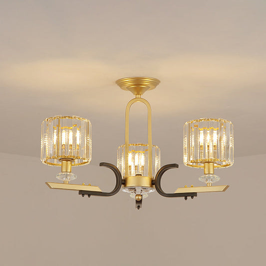 Modern Gold Drum Ceiling Lamp - Prismatic Crystal Semi Flush Mount Chandelier (3/6 Bulbs)