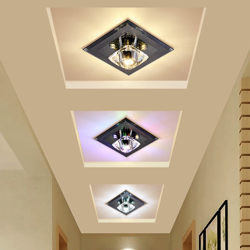 Plafonnier LED en cristal minimaliste à encastrer - Forme carrée avec finition beige/noire, éclairage chaud/blanc pour les couloirs