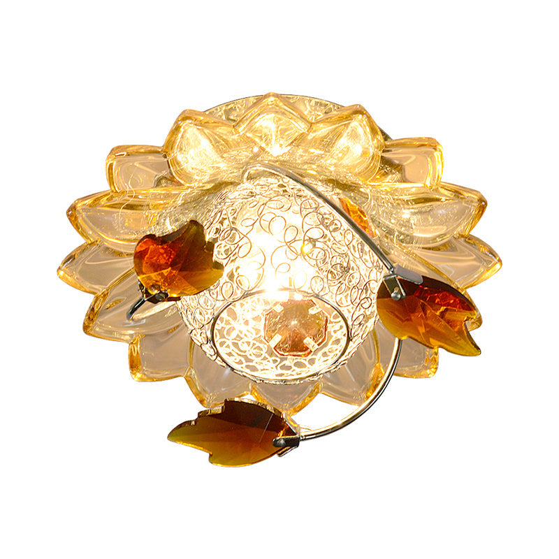 Modern Globe Flush Mount Ceiling Light with Crystal Maple Leaf Deco - Blue/Tan, Warm/White Light - 1 Bulb, Metal Fixture