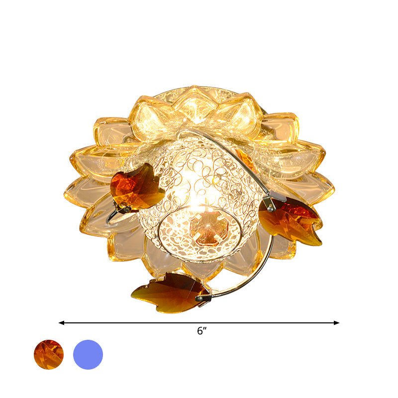 Modern Globe Flush Mount Ceiling Light with Crystal Maple Leaf Deco - Blue/Tan, Warm/White Light - 1 Bulb, Metal Fixture