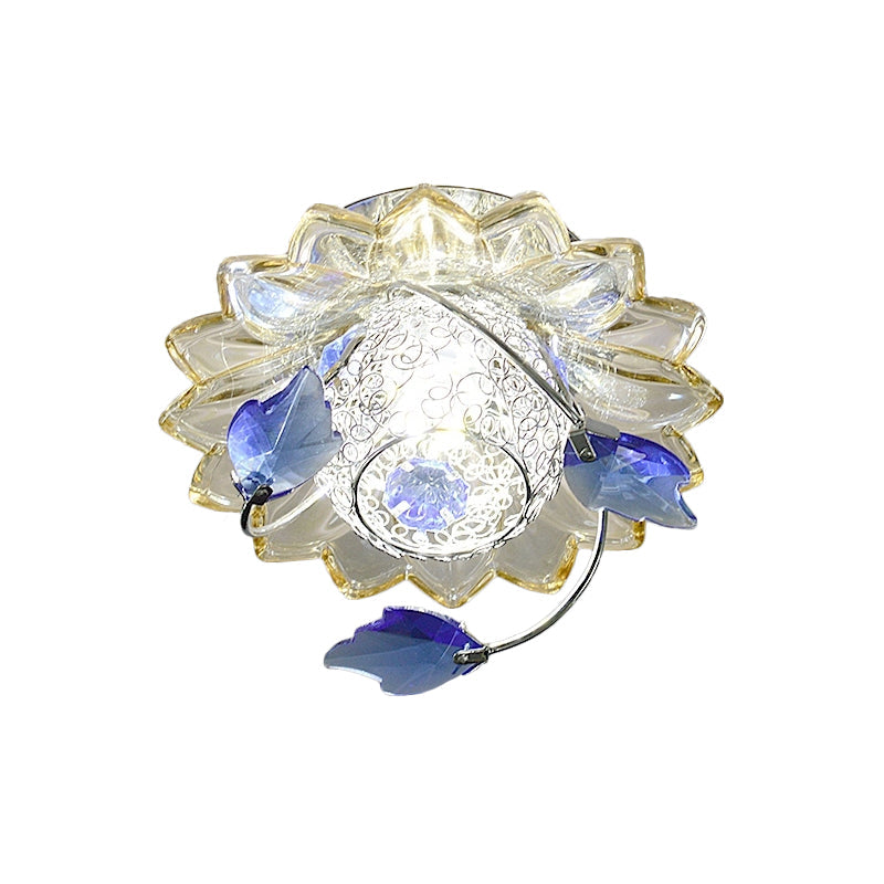 Modern Globe Flush Mount Ceiling Light with Crystal Maple Leaf Deco - Blue/Tan, Warm/White Light - 1 Bulb, Metal Fixture