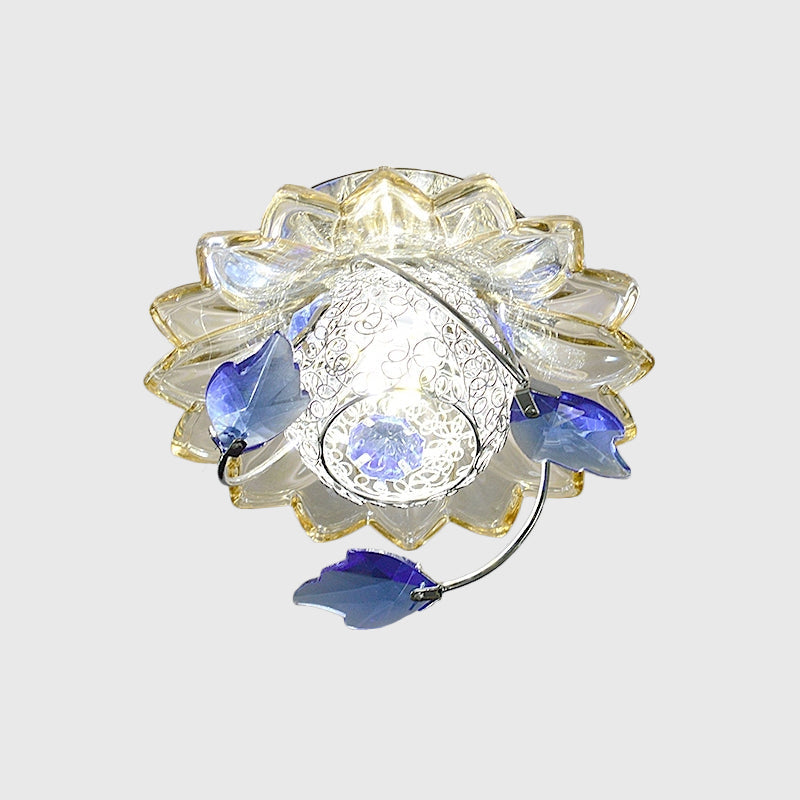 Modern Globe Flush Mount Ceiling Light with Crystal Maple Leaf Deco - Blue/Tan, Warm/White Light - 1 Bulb, Metal Fixture