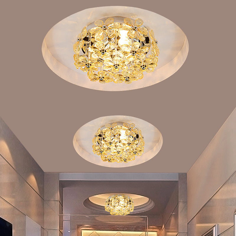 Modernist Chrome Blossom Flush Mount Lighting - 4 Bulbs Clear/Amber Crystal Ceiling Light