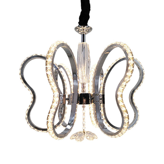 Modern Crystal Butterfly Ceiling Pendant Light In Chrome - Led Warm/White Glow Ideal For Restaurant