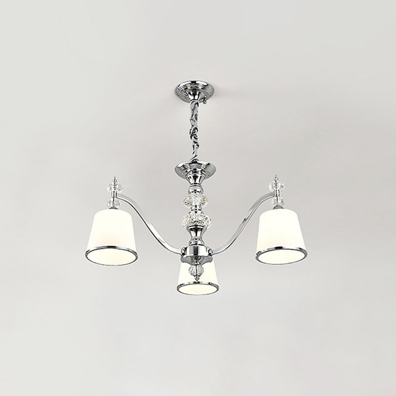White Glass Minimalist Pendant Chandelier with Chrome Finish - Conical Design, 3/6 Heads, Down Lighting