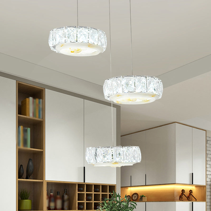 Modern LED Crystal Hanging Lamp Kit with Chrome Finish, Faceted Circle and Jade Flower Design - Warm/White Light