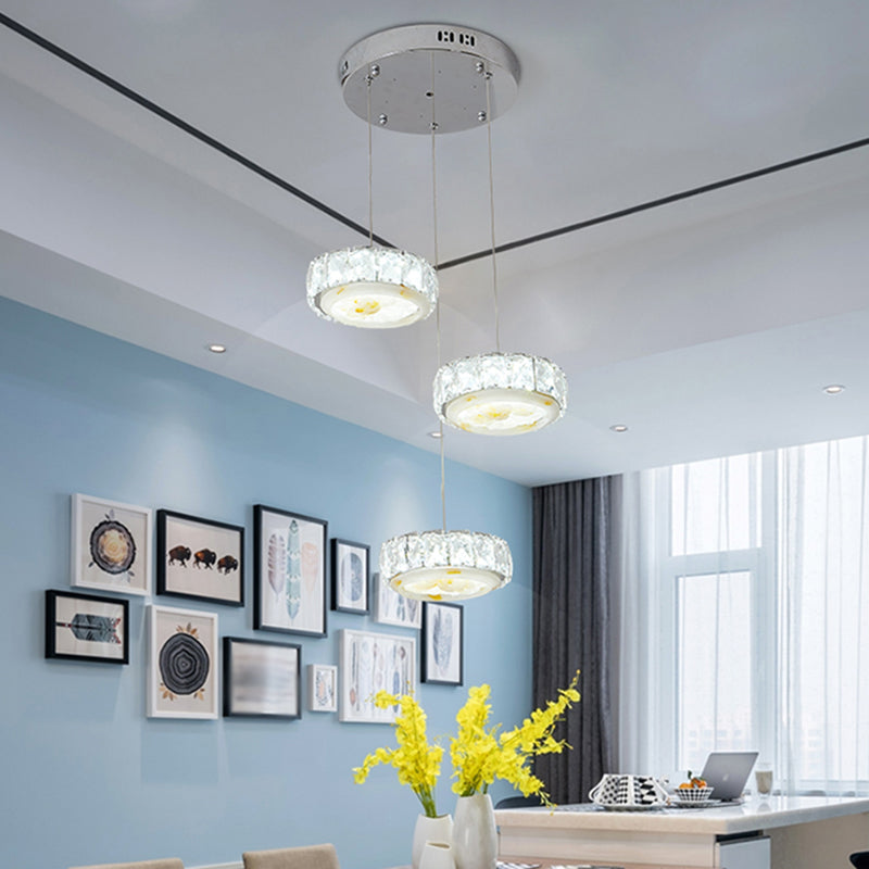 Modern LED Crystal Hanging Lamp Kit with Chrome Finish, Faceted Circle and Jade Flower Design - Warm/White Light
